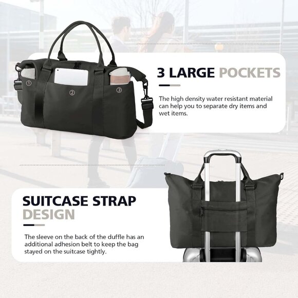 Women Men Black Waterproof Carry On Tote Travel Duffle Bag with Trolley Sleeve - Picture 5 of 7